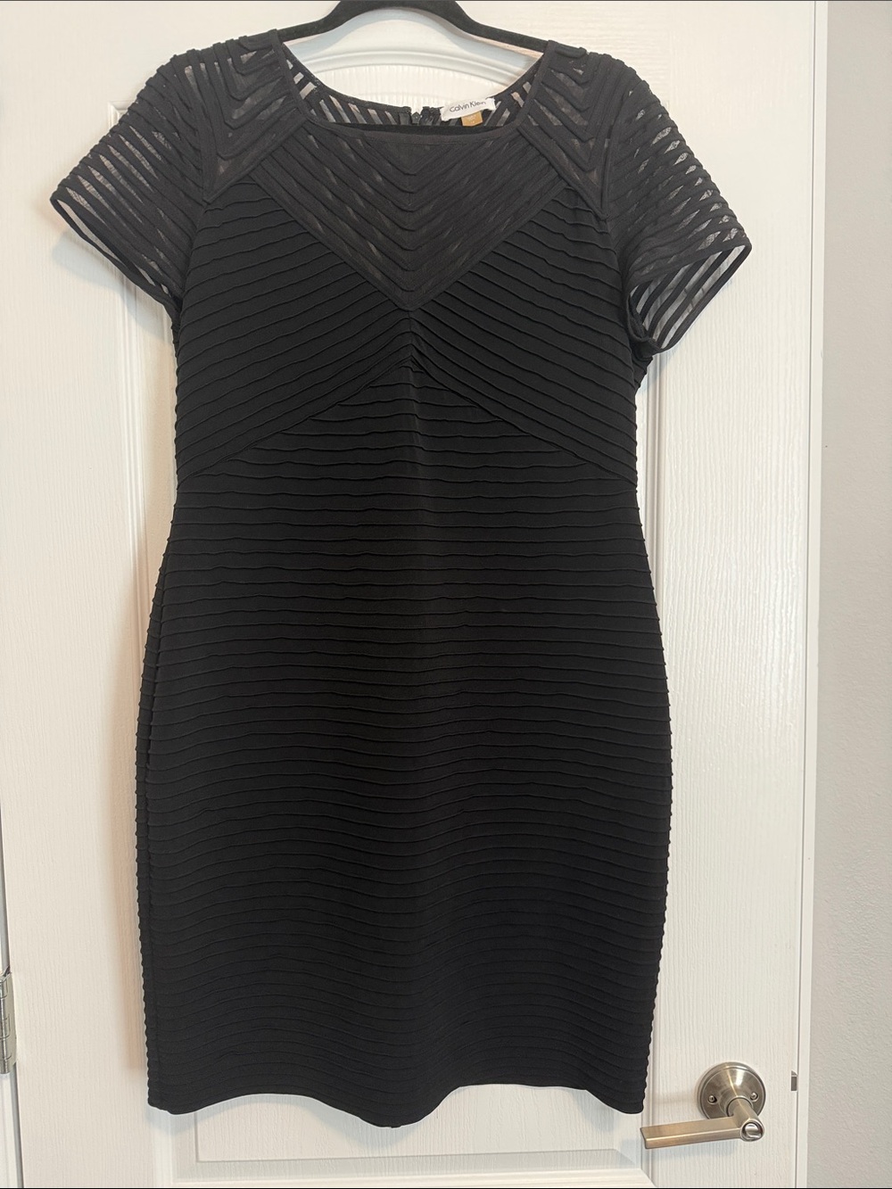 Calvin Klein Black Sheath Dress with Striped Illusion Yoke